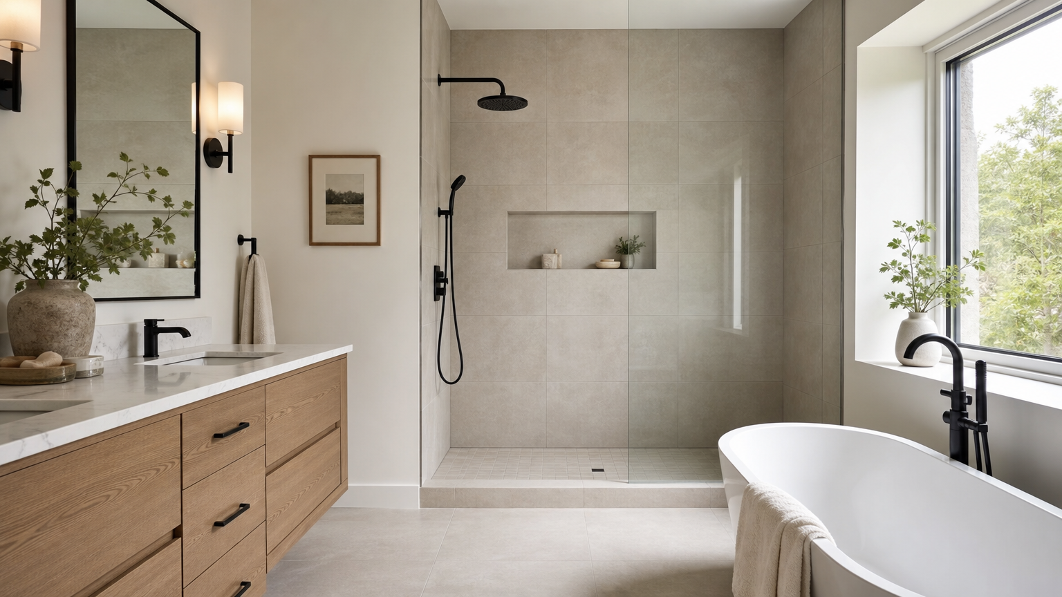 Beautiful completed bathroom with new tile flooring and seamless tiled shower, installed by a general contractor